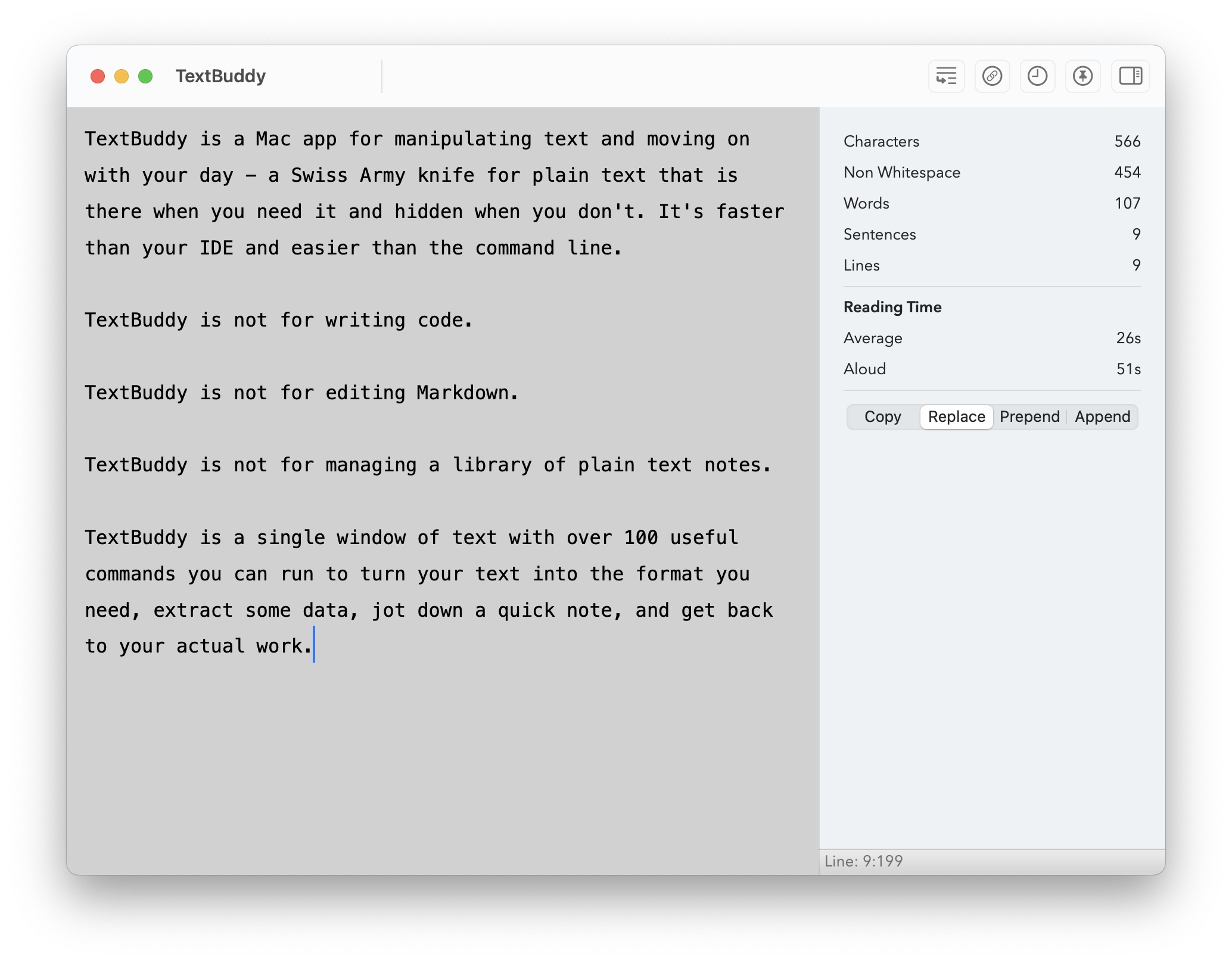 Screenshot of the TextBuddy app window showing a text editor and reading statistics sidebar.